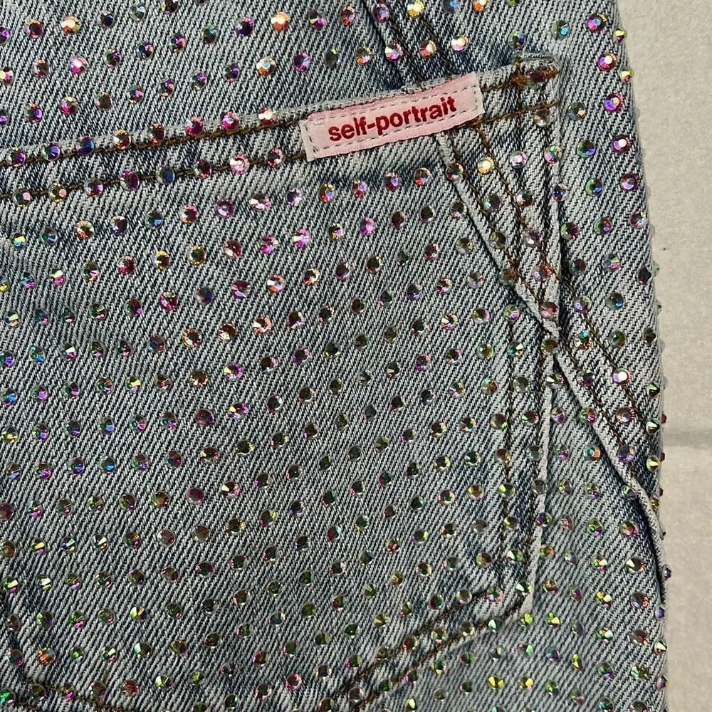 NWT Self-Portrait Blue Rhinestone Embellished High-Waisted Denim Jeans W27 L32